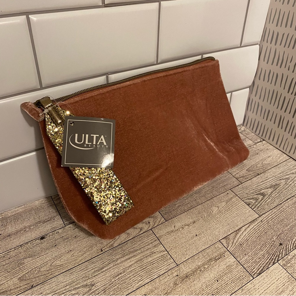 Pink Velvet Ulta Cosmetic Bag with Gold glitter zipper, NWT